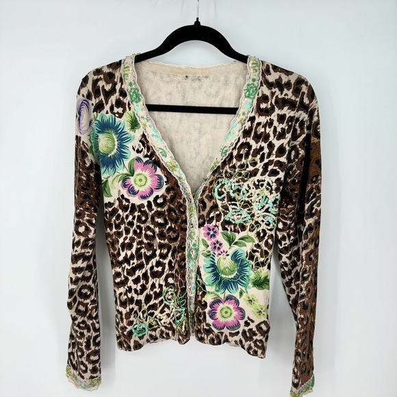 Cheetah Print Y2K Cool Girl Beaded Sequin Lace Gem Button Cardigan - Picture 1 of 3